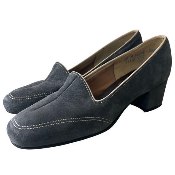 Vintage Hush Puppies suede loafer 70s minimalist block heel academia office 7.5 - Picture 1 of 13